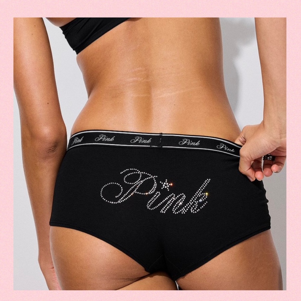 PINK VICTORIA’S SECRET Cotton Boyshort Black Diamante Logo ✨LIMITED EDITION✨ L